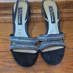 Nina Black Strappy Heels with Rhinestone Accents